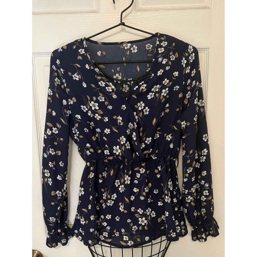 Unbranded Navy Blue Floral Peplum Blouse Surplice V-Neck Ruffle Cuff Top